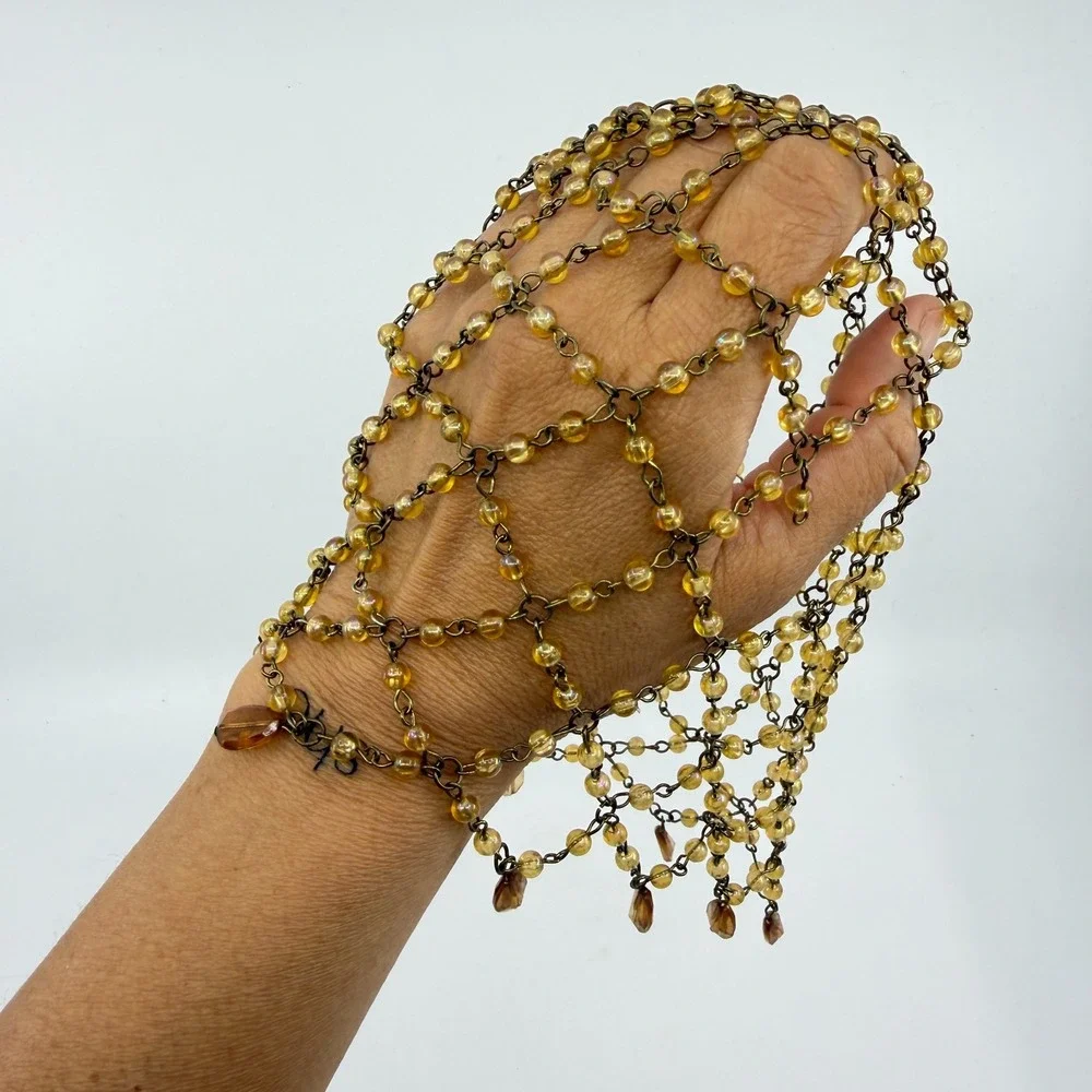 Necklace Vintage Amber Bronze Beaded Mesh Bib Teardrop Fringe Statement